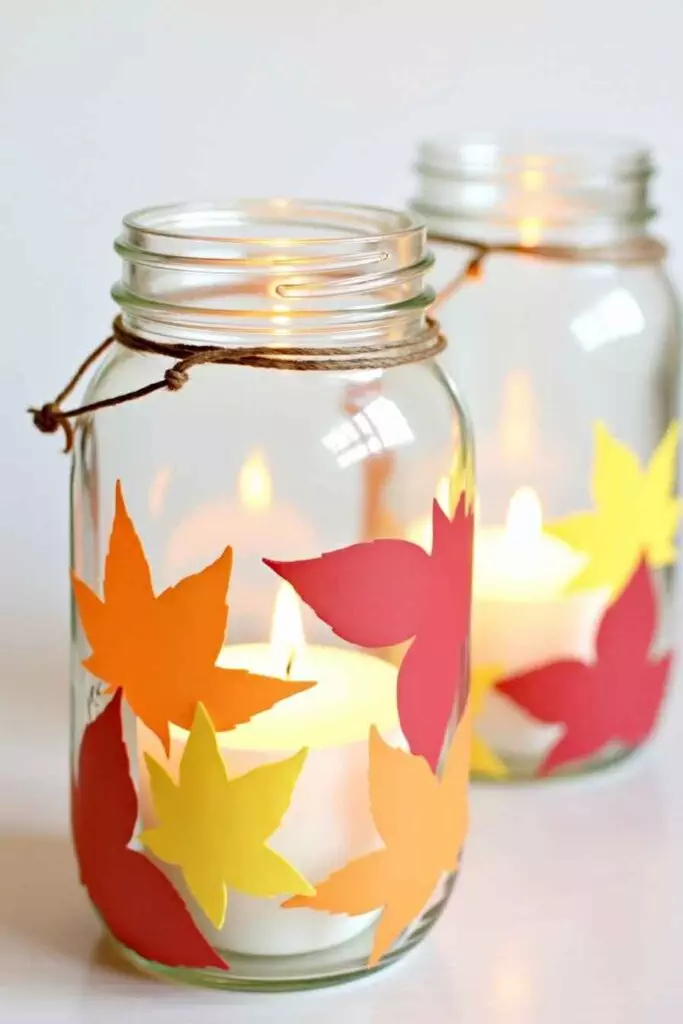 Painted Leaf Mason Jar Lanterns